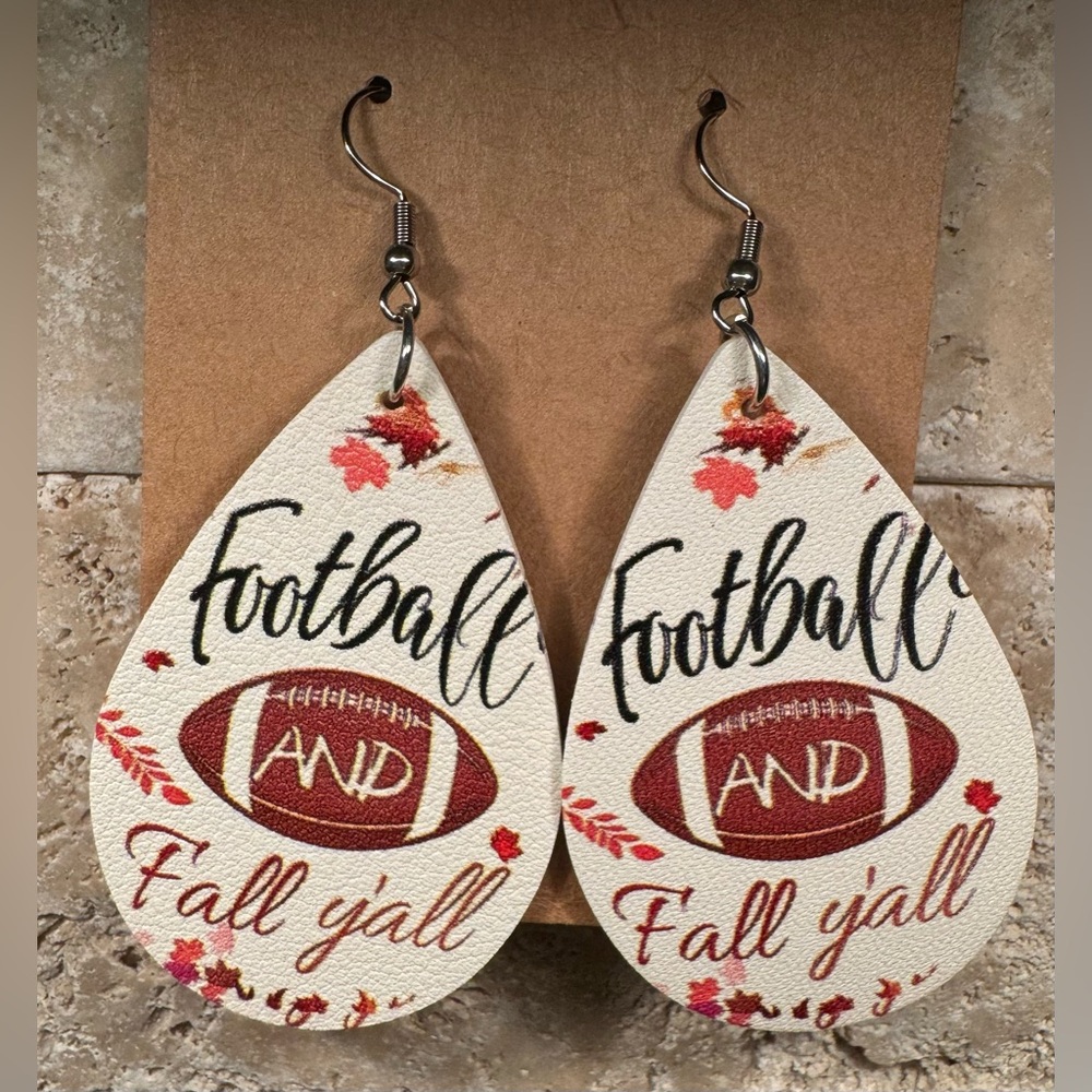 Earrings Football and Fall Y’all Droplet PU Faux Leather Vegan 2”